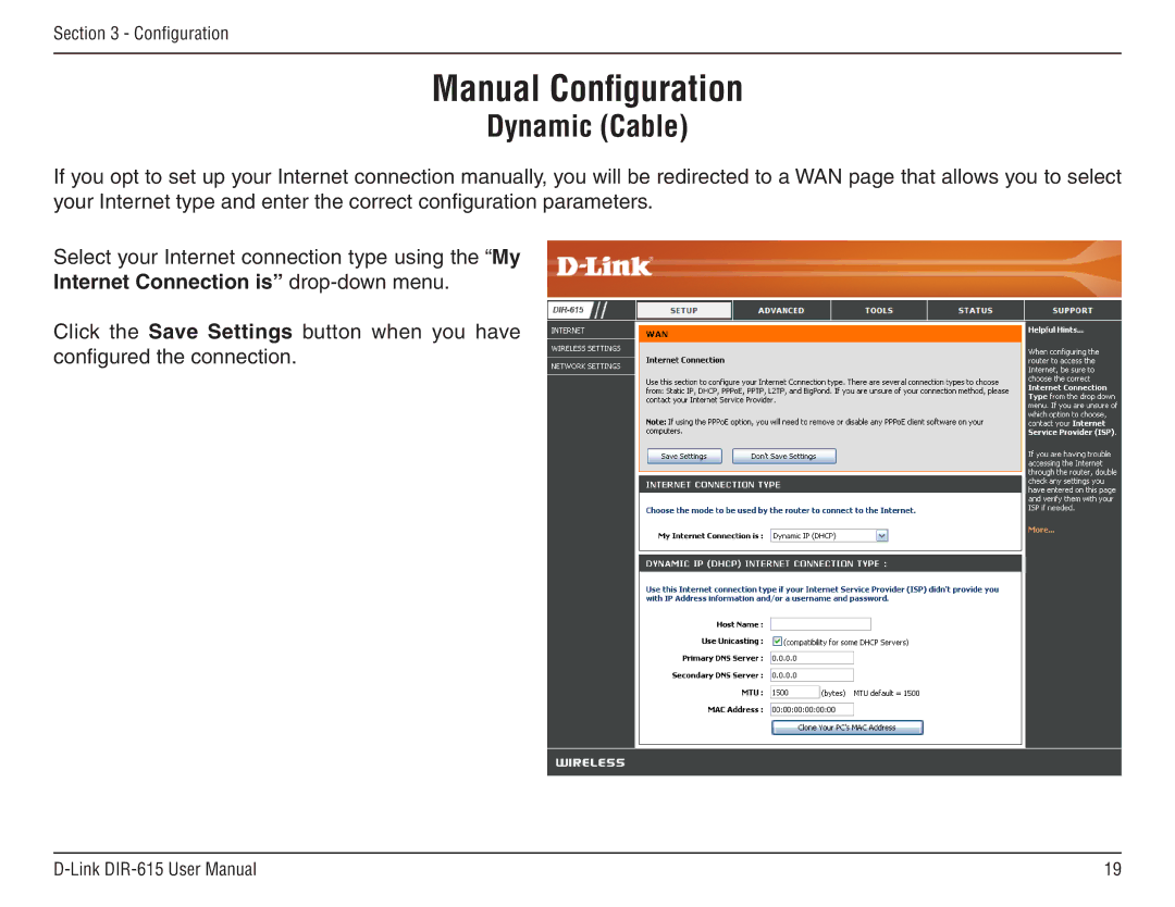 D-Link DIR-615 manual Manual Configuration, Dynamic Cable, Internet Connection is drop-down menu 