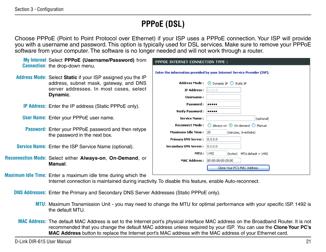 D-Link DIR-615 manual PPPoE DSL, My Internet Select PPPoE Username/Password from, Manual 