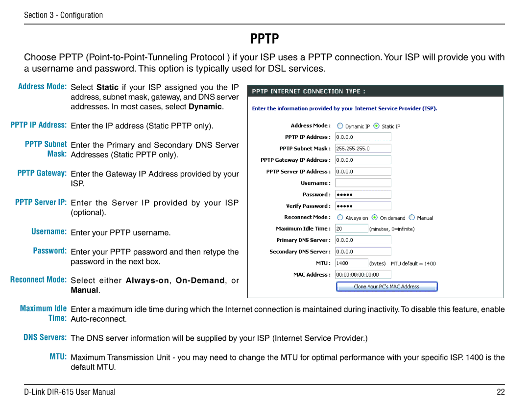 D-Link DIR-615 manual Address Mode, Pptp Subnet Mask Pptp Gateway, Username Password 