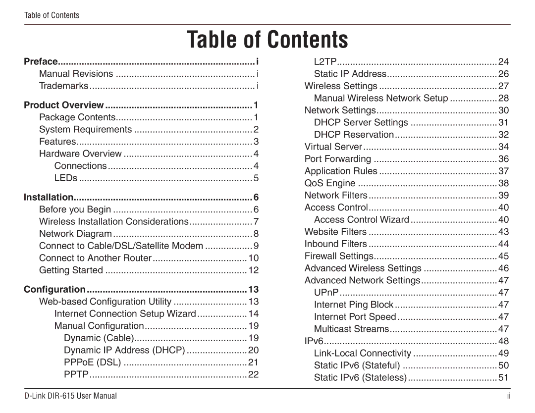 D-Link DIR-615 manual Table of Contents 