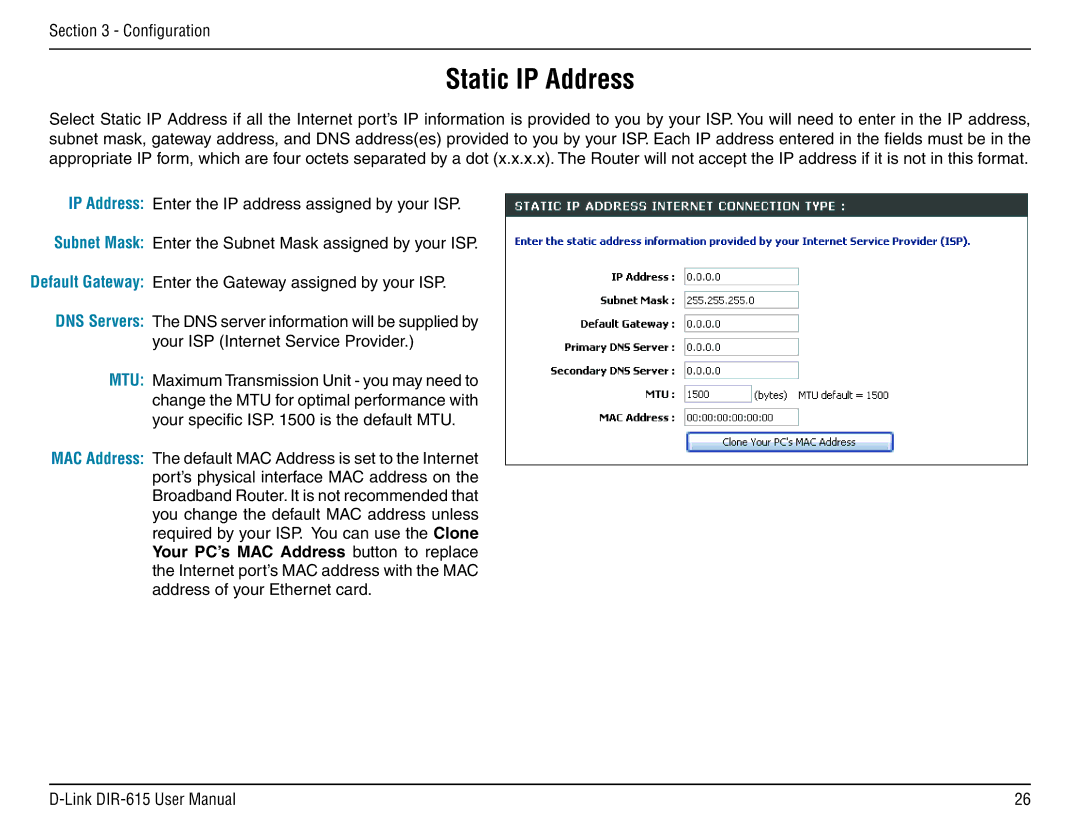 D-Link DIR-615 manual Static IP Address 