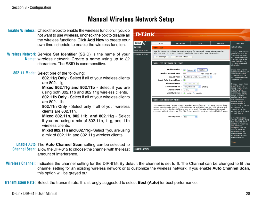 D-Link DIR-615 manual Manual Wireless Network Setup 