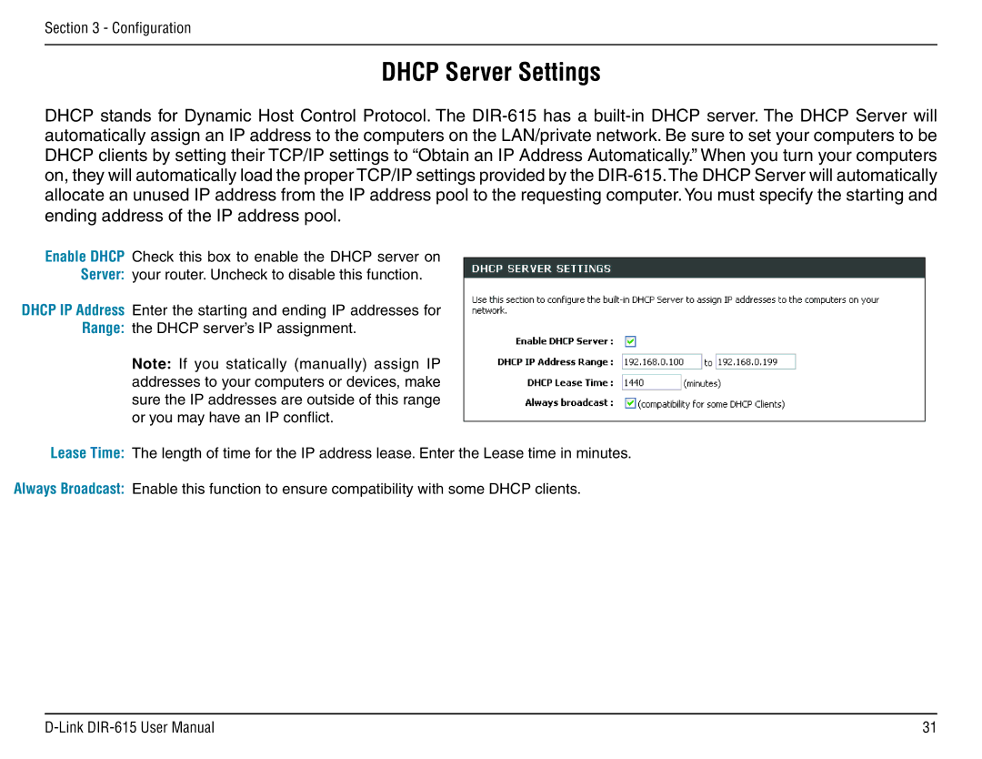 D-Link DIR-615 manual Dhcp Server Settings 