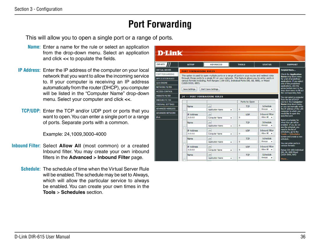 D-Link DIR-615 manual Port Forwarding 