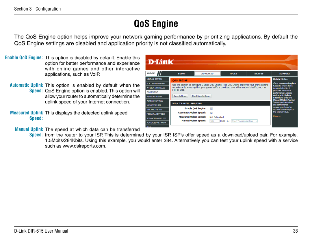 D-Link DIR-615 manual QoS Engine, Speed 