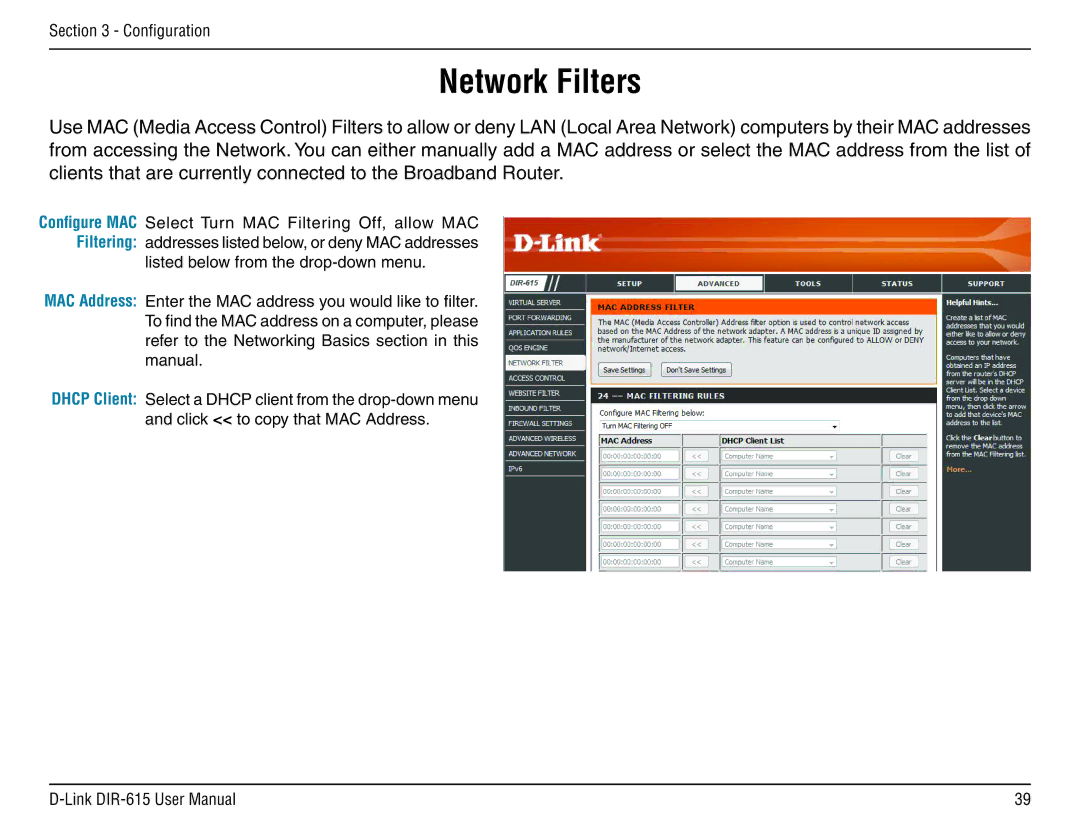 D-Link DIR-615 manual Network Filters 