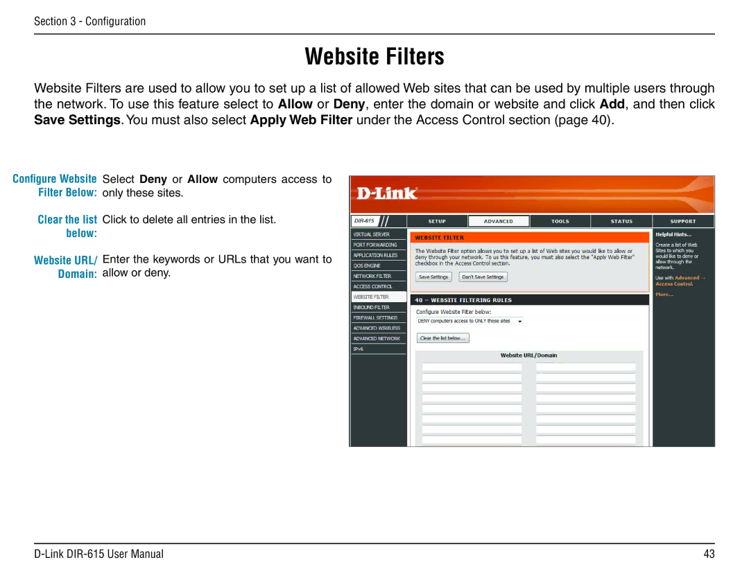 D-Link DIR-615 manual Website Filters, Website URL Domain 