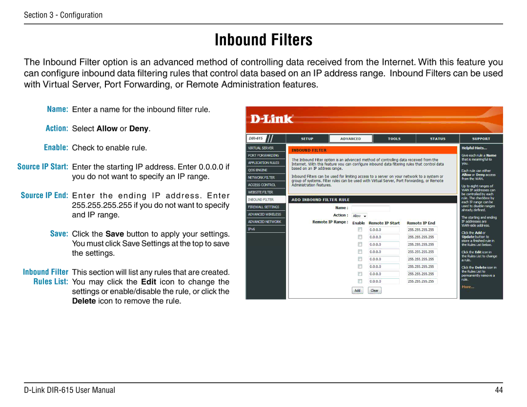 D-Link DIR-615 manual Inbound Filters 