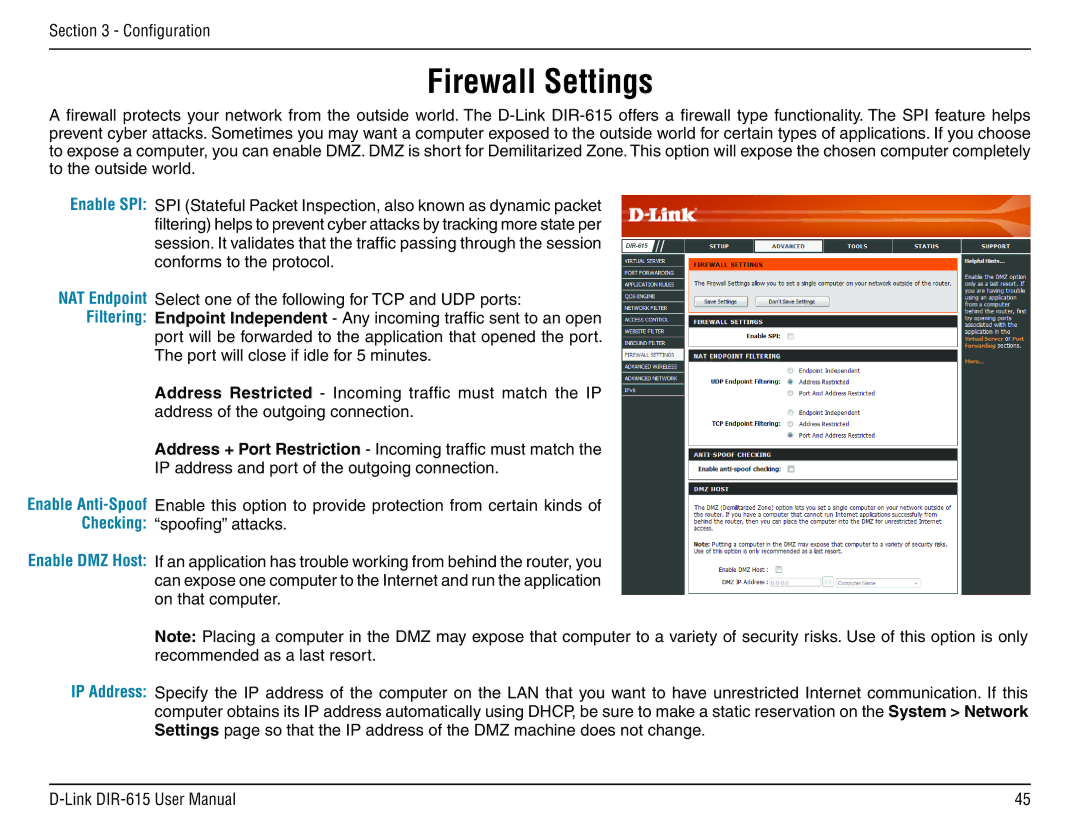 D-Link DIR-615 manual Firewall Settings, Enable SPI NAT Endpoint Filtering, IP Address 