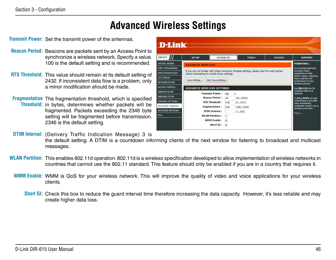 D-Link DIR-615 manual Advanced Wireless Settings, Transmit Power Set the transmit power of the antennas 