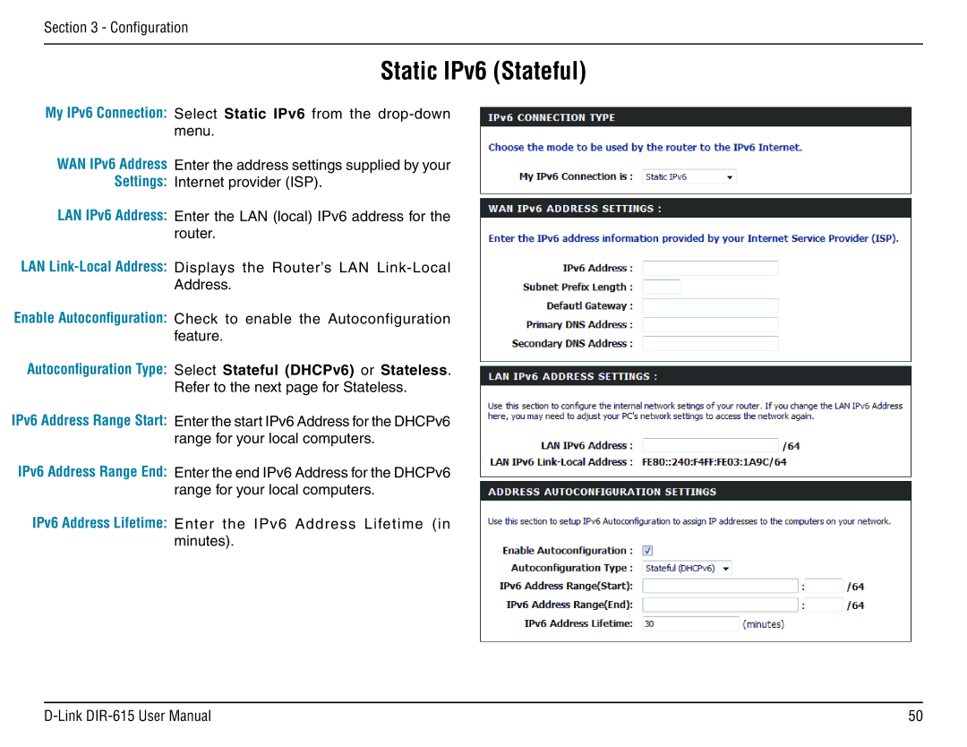 D-Link DIR-615 manual Static IPv6 Stateful, Autoconfiguration Type Select Stateful DHCPv6 or Stateless 