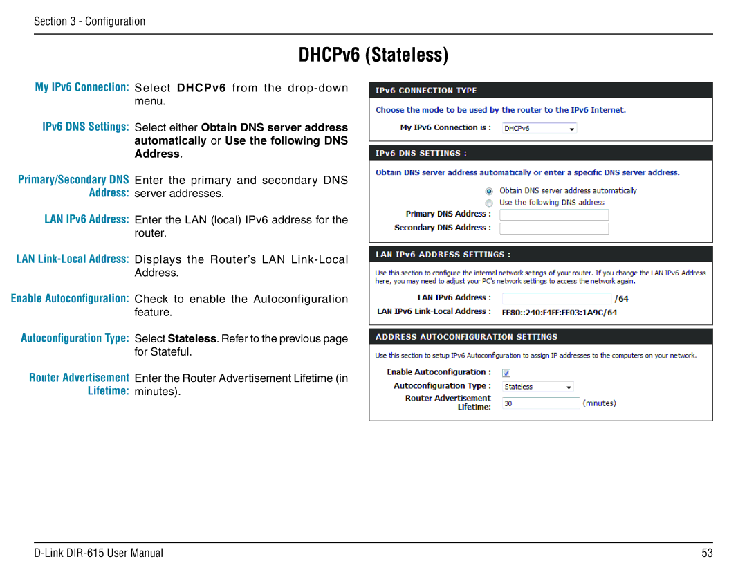 D-Link DIR-615 manual DHCPv6 Stateless 