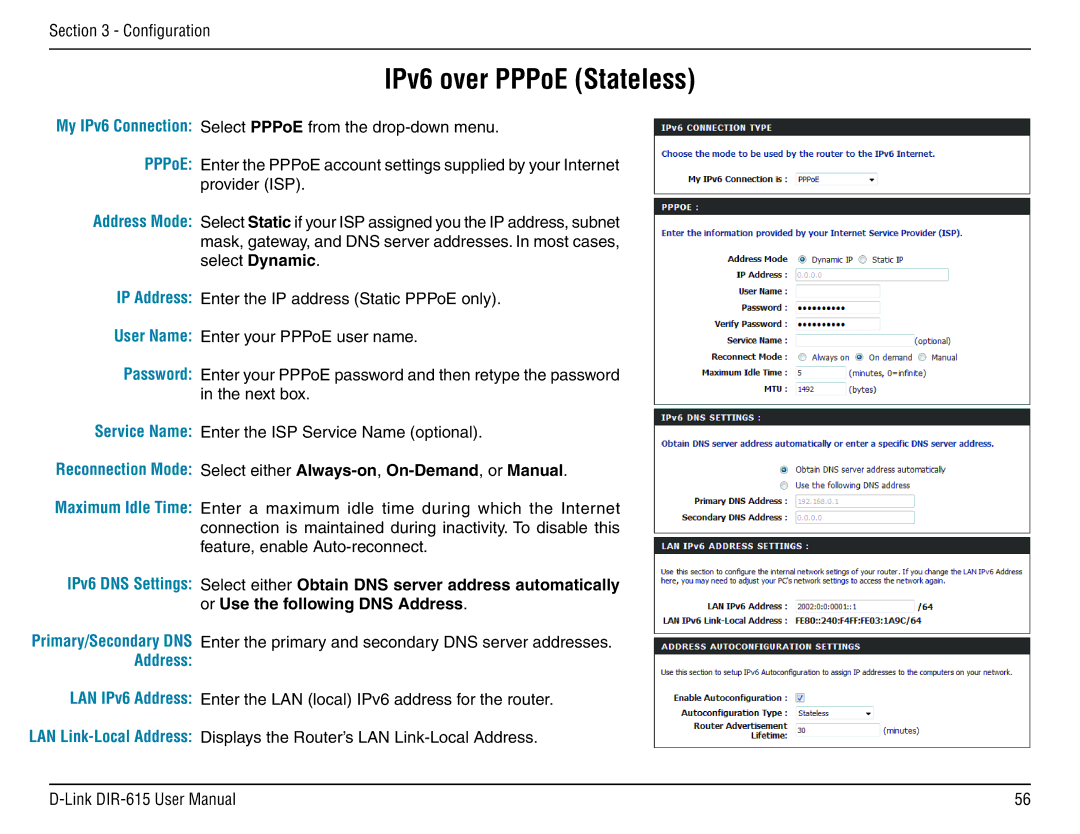 D-Link DIR-615 manual IPv6 over PPPoE Stateless 