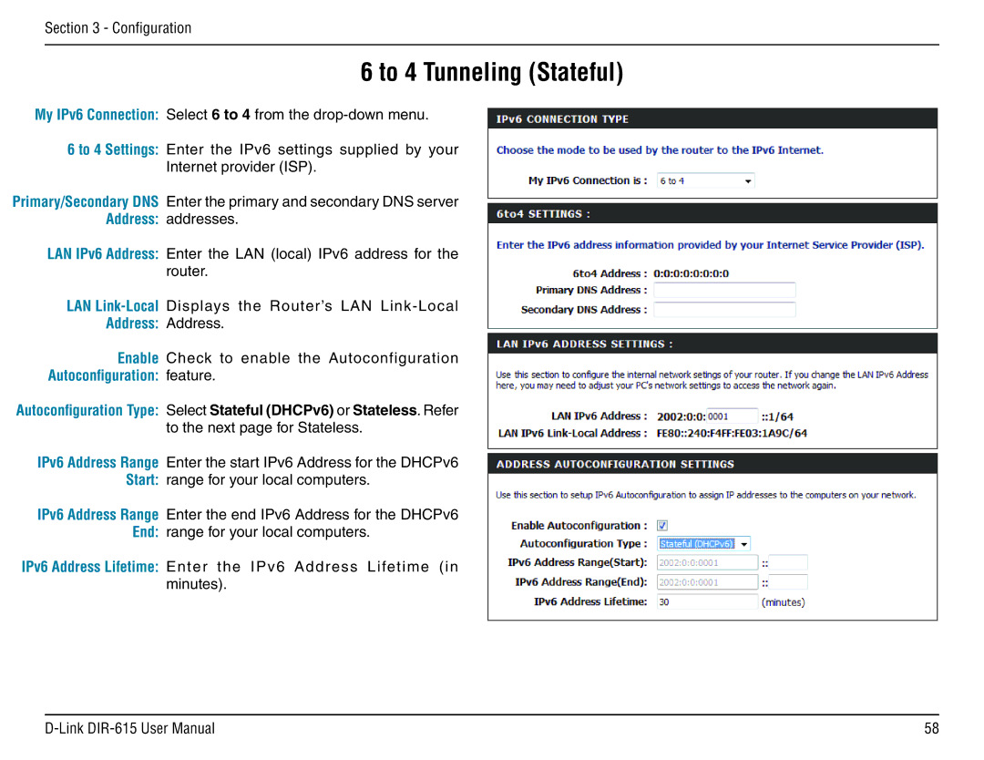 D-Link DIR-615 manual To 4 Tunneling Stateful, Address Address, Autoconfiguration feature 