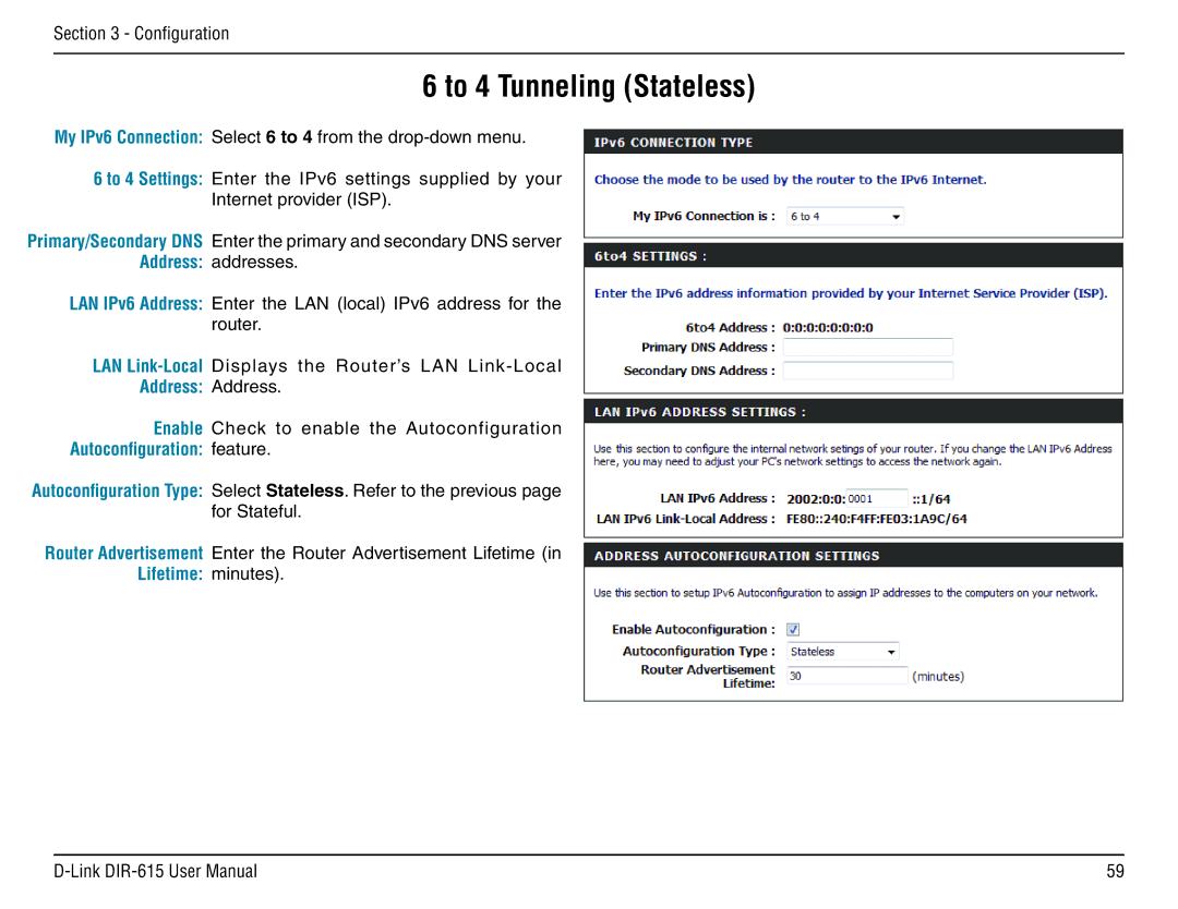 D-Link DIR-615 manual To 4 Tunneling Stateless, Lifetime minutes 