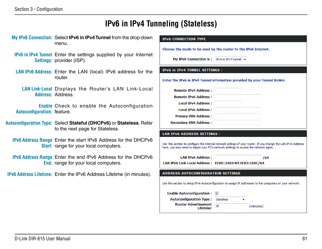 D-Link DIR-615 manual IPv6 in IPv4 Tunneling Stateless 