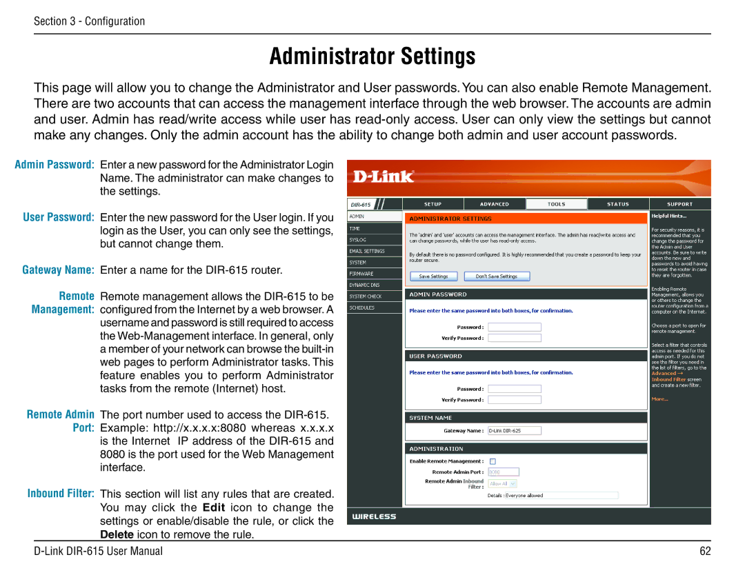 D-Link DIR-615 manual Administrator Settings 