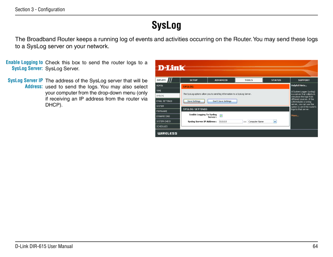 D-Link DIR-615 manual SysLog Server SysLog Server 