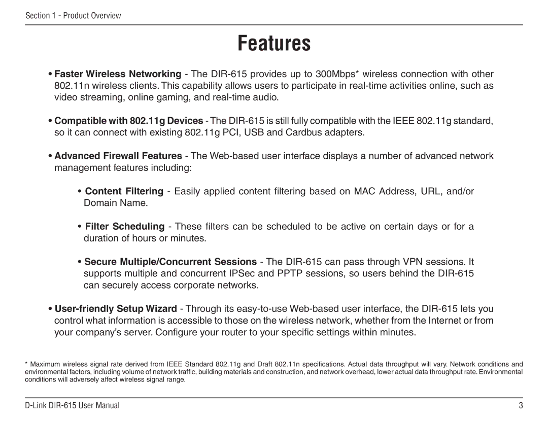 D-Link DIR-615 manual Features 