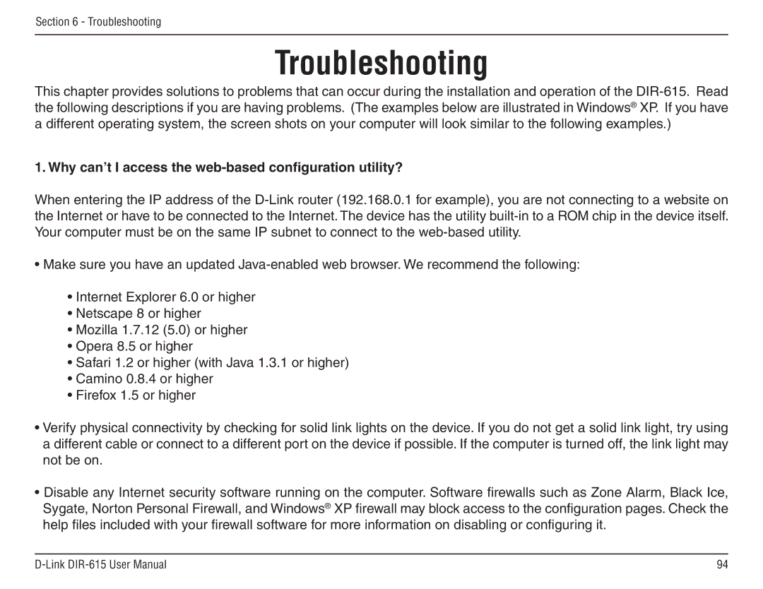 D-Link DIR-615 manual Troubleshooting, Why can’t I access the web-based configuration utility? 