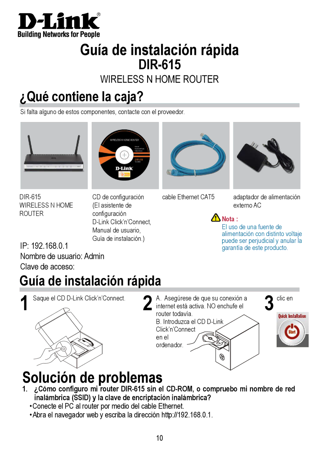 D-Link DIR-615 manual Guía de instalación rápida, Solución de problemas, ¿Qué contiene la caja?, Nota 