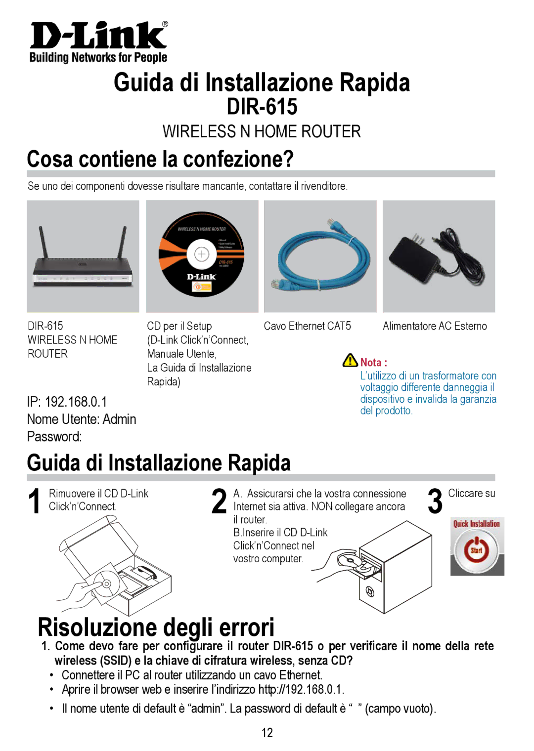 D-Link DIR-615 manual Guida di Installazione Rapida, Risoluzione degli errori, Cosa contiene la confezione? 