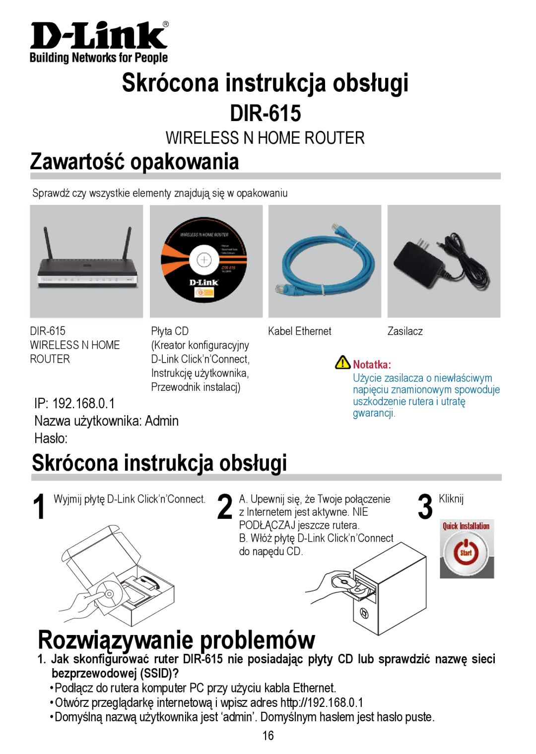 D-Link DIR-615 manual Skrócona instrukcja obsługi, Rozwiązywanie problemów, Zawartość opakowania, Notatka 