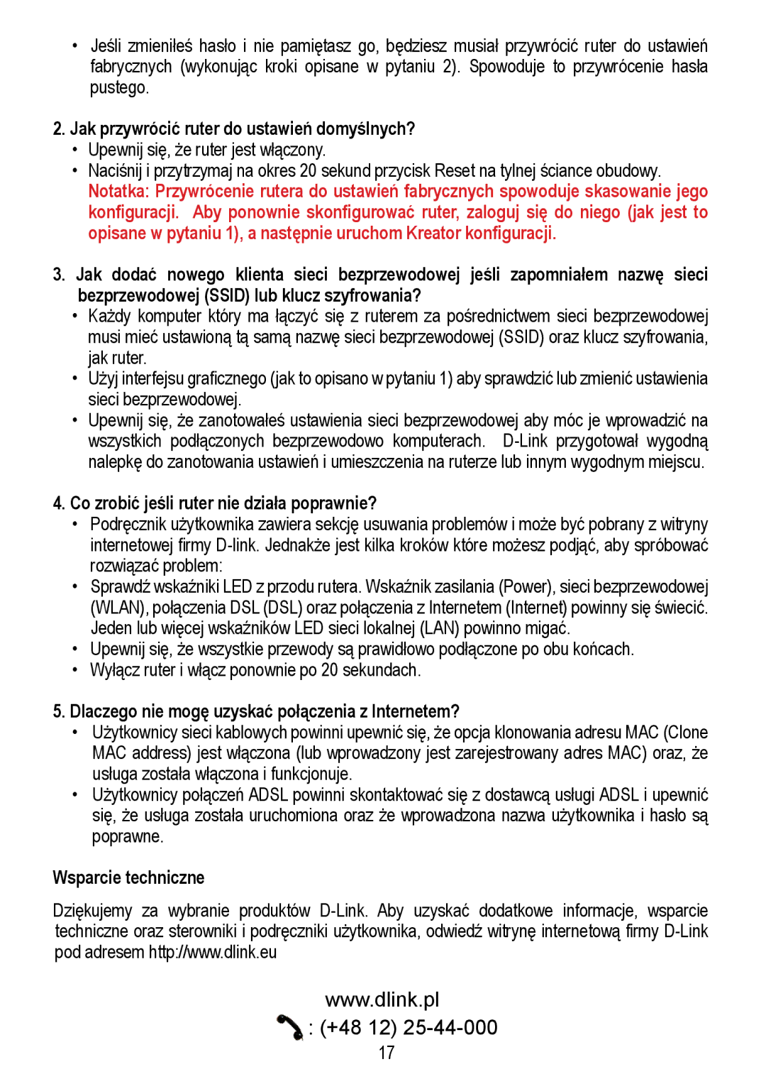 D-Link DIR-615 manual Jak przywrócić ruter do ustawień domyślnych?, Co zrobić jeśli ruter nie działa poprawnie? 