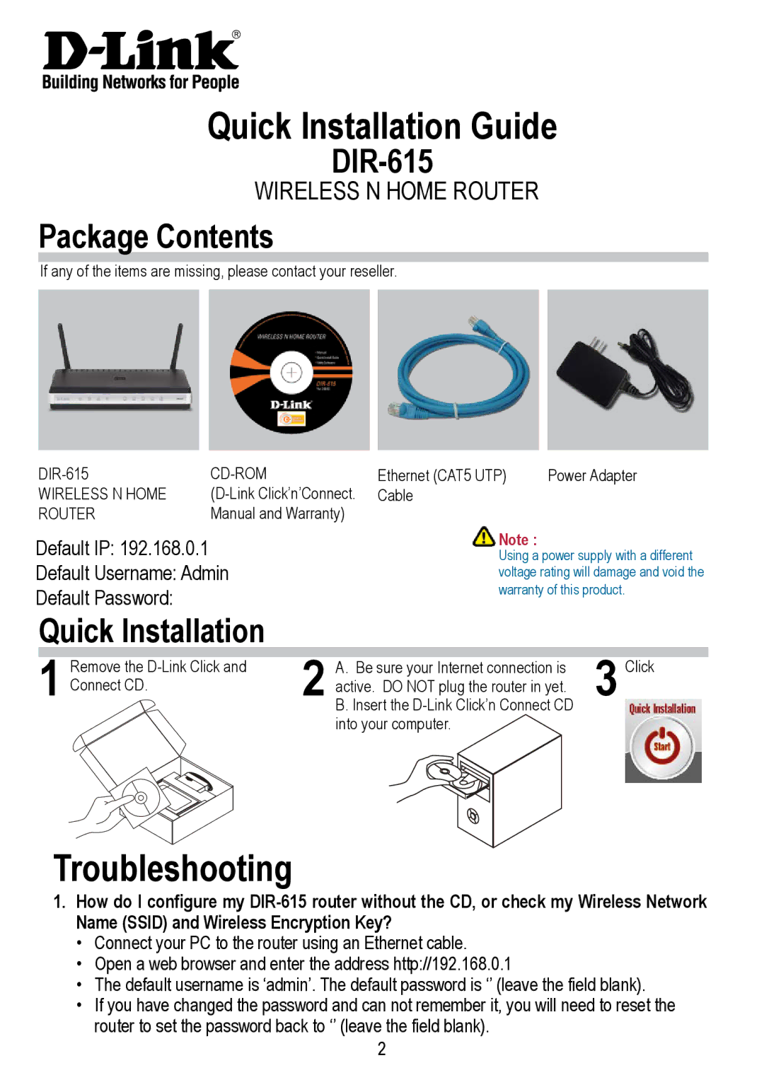 D-Link DIR-615 manual Quick Installation Guide, Troubleshooting, Package Contents 