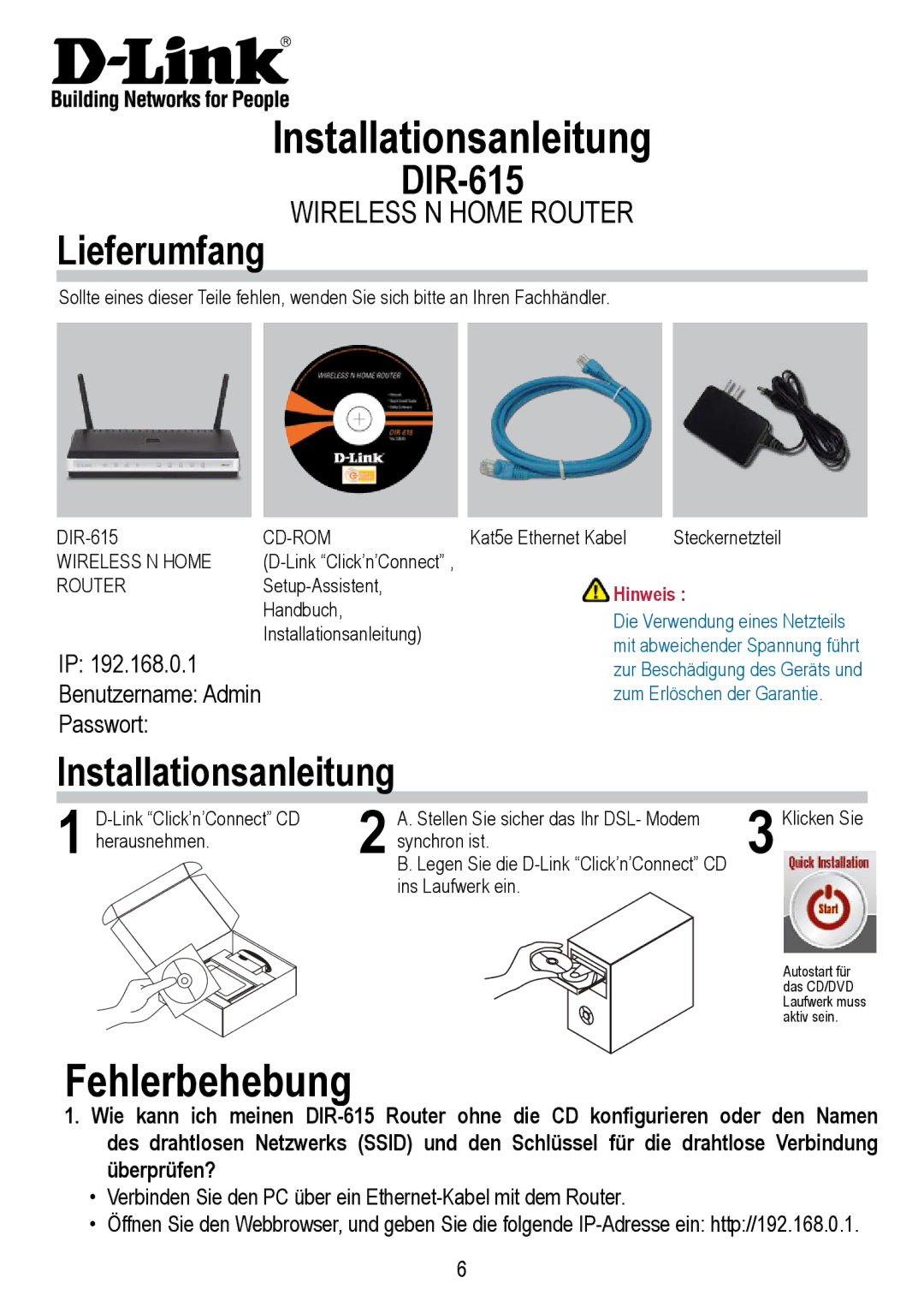 D-Link manual Installationsanleitung, Fehlerbehebung, Lieferumfang DIR-615, Hinweis 