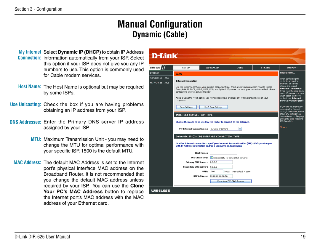 D-Link DIR-625 manual Manual Configuration, Dynamic Cable 