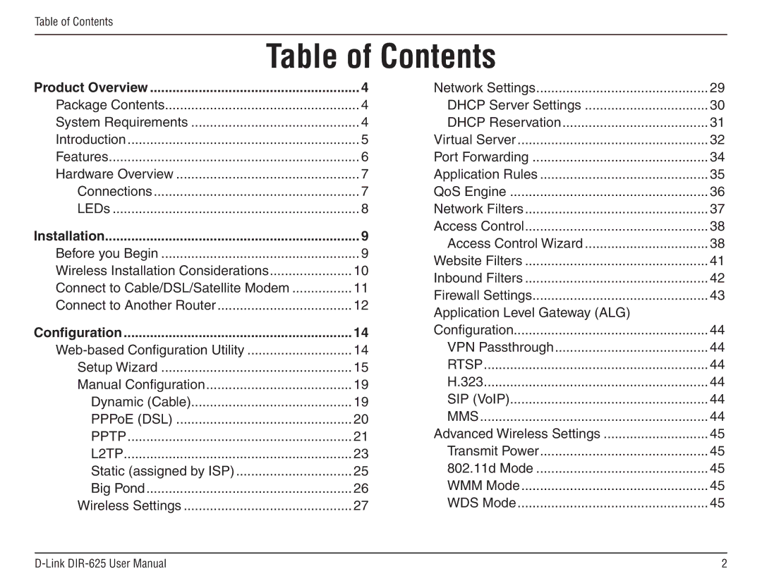 D-Link DIR-625 manual Table of Contents 