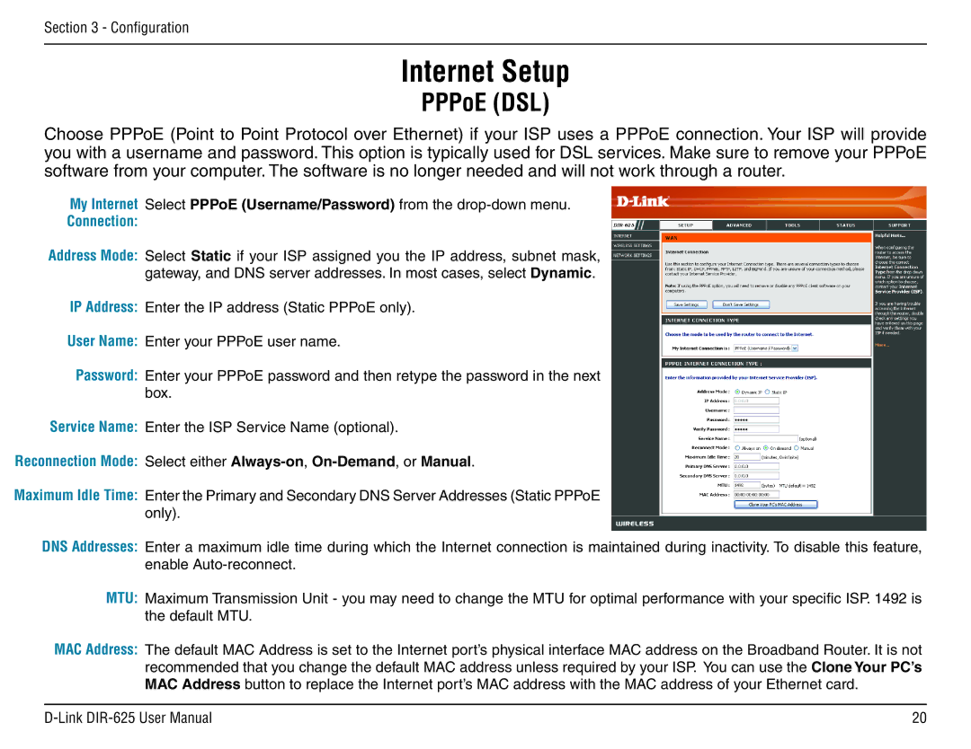 D-Link DIR-625 manual Internet Setup, PPPoE DSL 