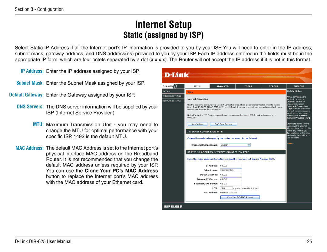 D-Link DIR-625 manual Static assigned by ISP 