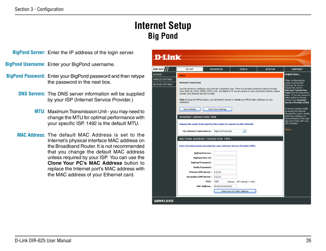 D-Link DIR-625 manual Big Pond 