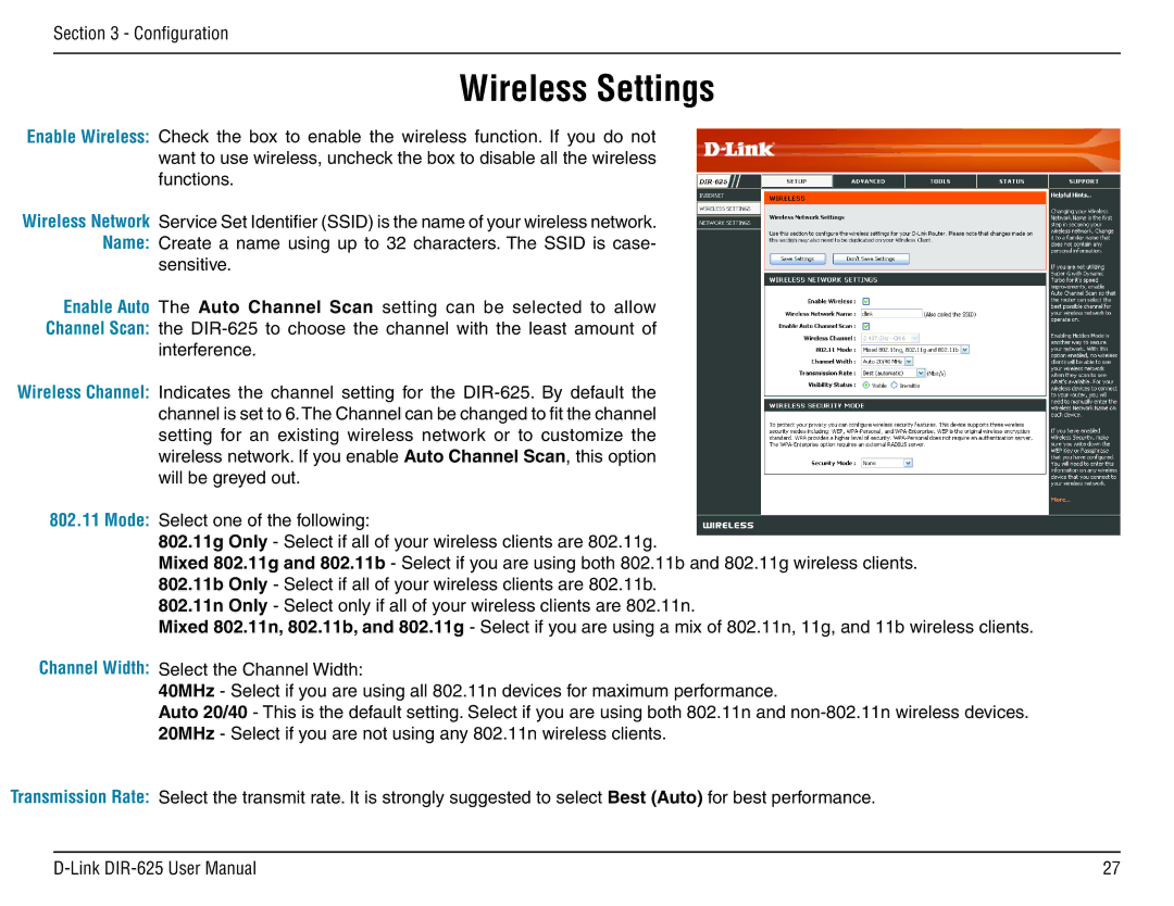 D-Link DIR-625 manual Wireless Settings 