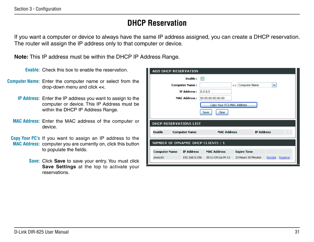 D-Link DIR-625 manual Dhcp Reservation 