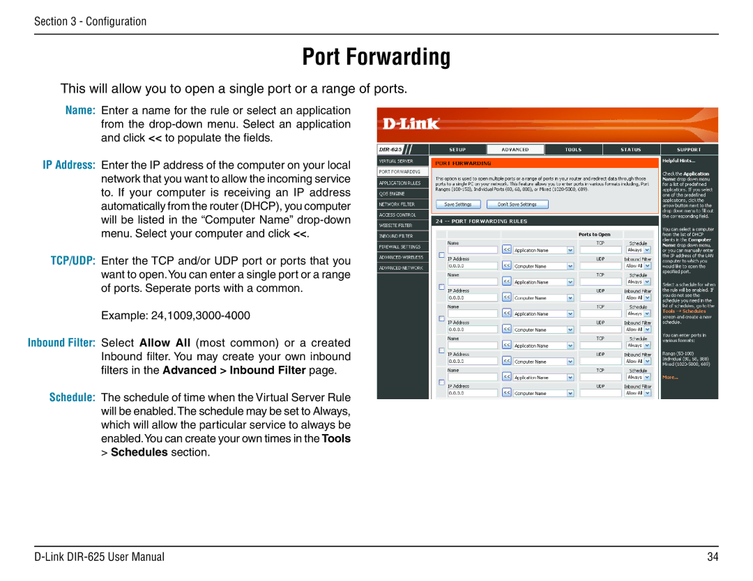 D-Link DIR-625 manual Port Forwarding 