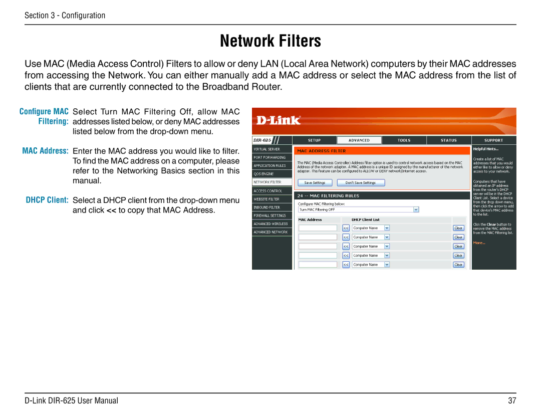 D-Link DIR-625 manual Network Filters 