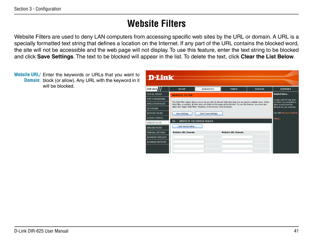 D-Link DIR-625 manual Website Filters 