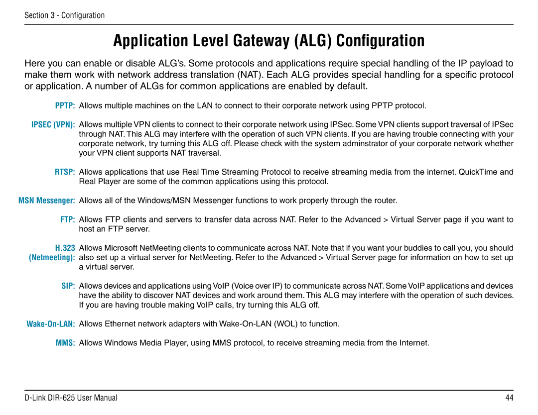 D-Link DIR-625 manual Application Level Gateway ALG Configuration 