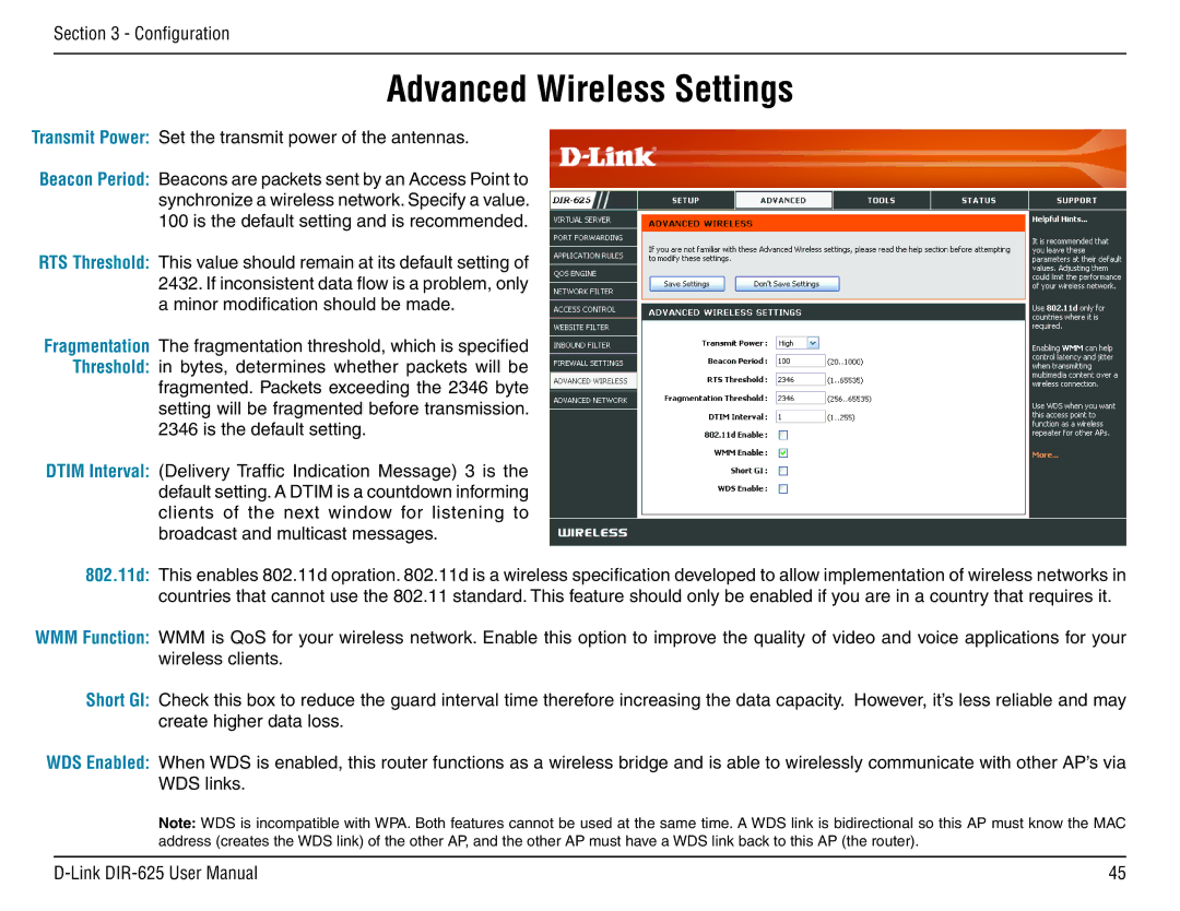 D-Link DIR-625 manual Advanced Wireless Settings, Transmit Power Set the transmit power of the antennas 