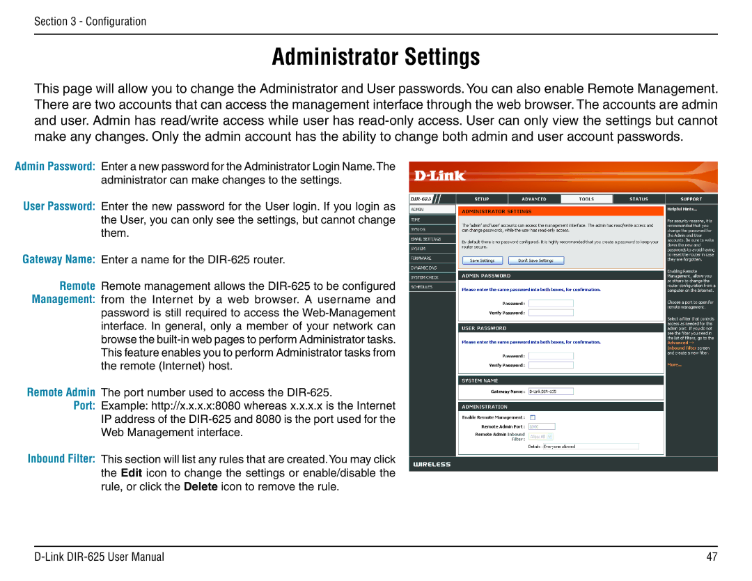 D-Link DIR-625 manual Administrator Settings 