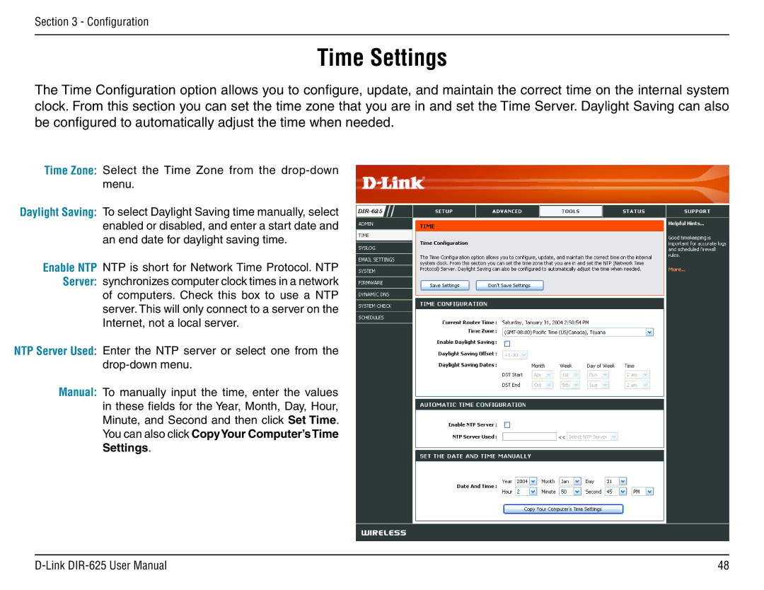 D-Link DIR-625 manual Time Settings 