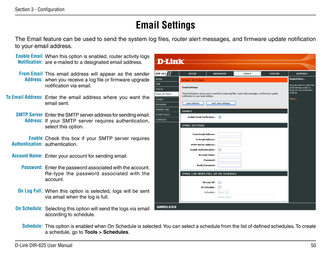 D-Link DIR-625 manual Email Settings, Authentication authentication 