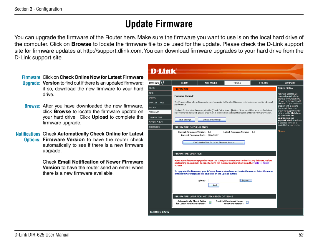 D-Link DIR-625 manual Update Firmware, Check Email Notification of Newer Firmware 