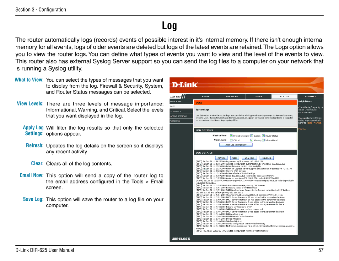 D-Link DIR-625 manual Log 