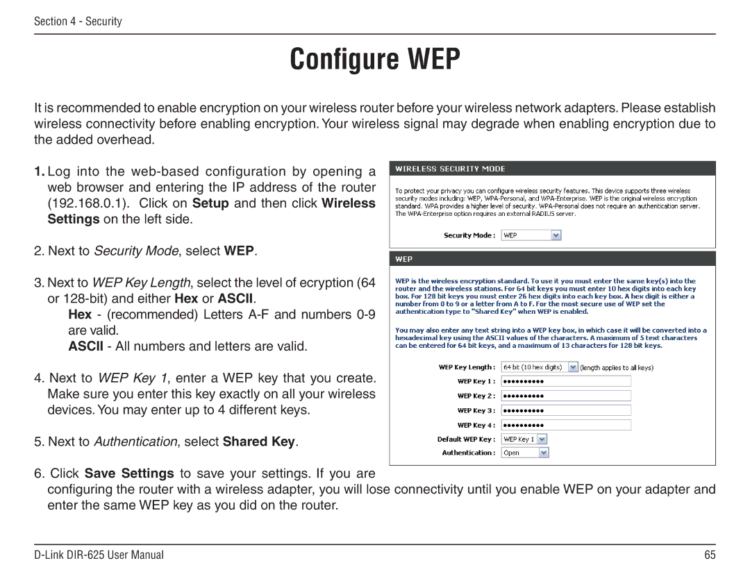 D-Link DIR-625 manual Configure WEP 