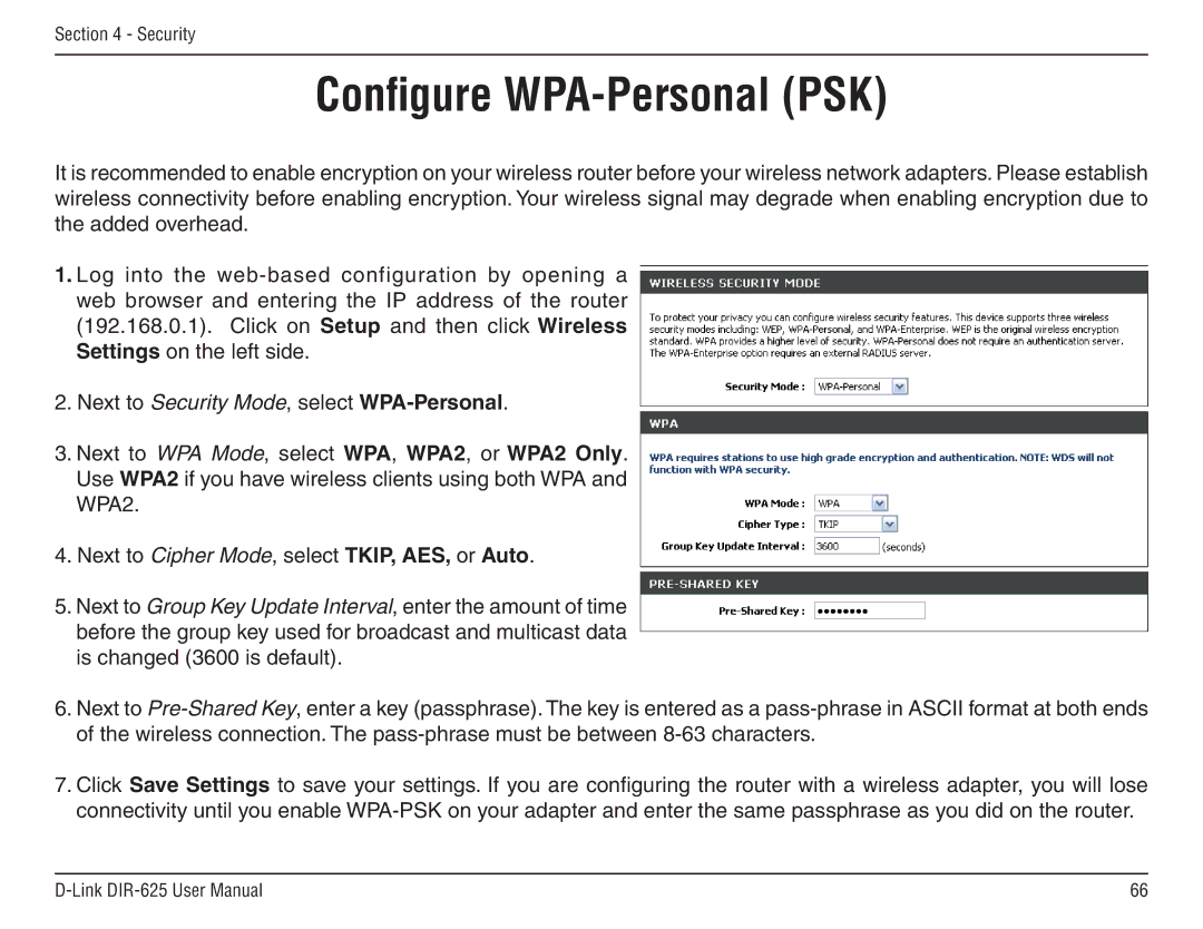 D-Link DIR-625 manual Configure WPA-Personal PSK 