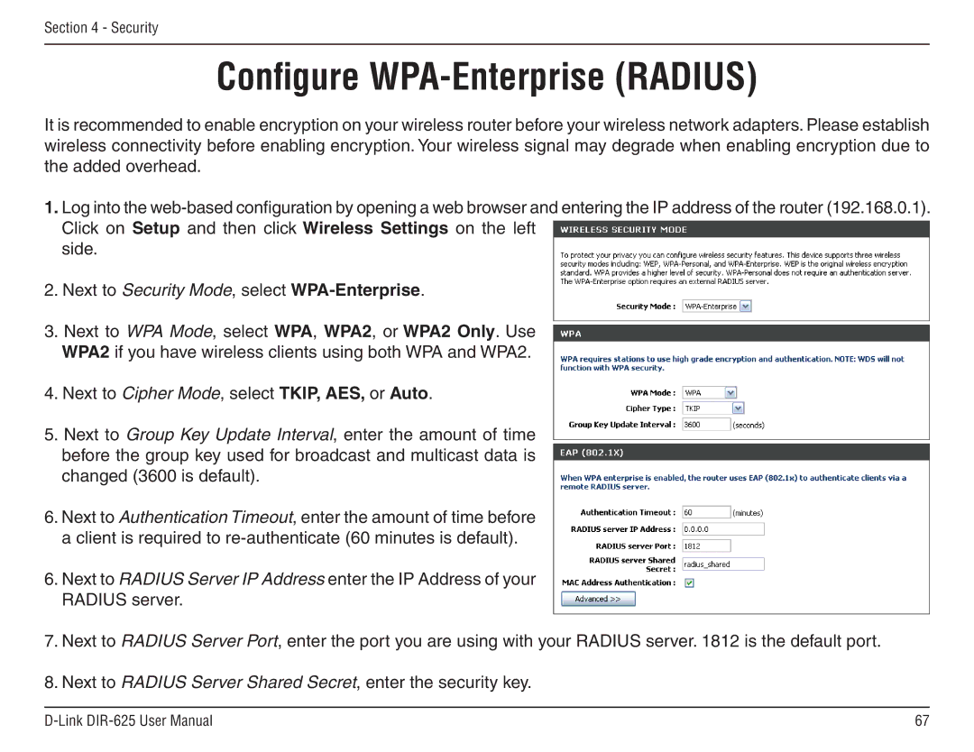 D-Link DIR-625 manual Configure WPA-Enterprise Radius 